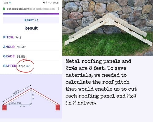 Metal roofing panels are 8 feet. To save materials, we needed to calculate the roof pitch that...jpg