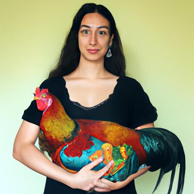 A portrait of Mona Lisa holding a colorful rooster in her arms. (1).jpg