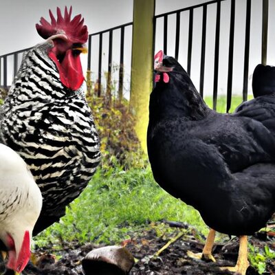 A realistic image of 2 black and white barred rock hens and one large barred rock rooster with...jpg