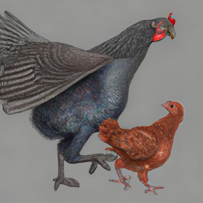 A realistic drawing of a Bleu de Landes hen with a red and grey comb chasing a baby Raptor. (1).jpg