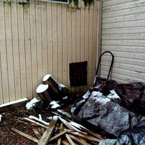 Hen door used to be covered by wood pile which I have  been depleting this winter. Coop is 10' X 8' and and is attached to a garage. I can put a 12' X 8' covered run here and continue on around the front of the garage another 20'.