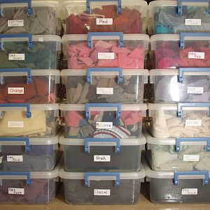 Wool scraps organized by color that I use for my appliques.