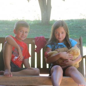 Grandkids with their Buff Orpington hen. Twinkle toes.