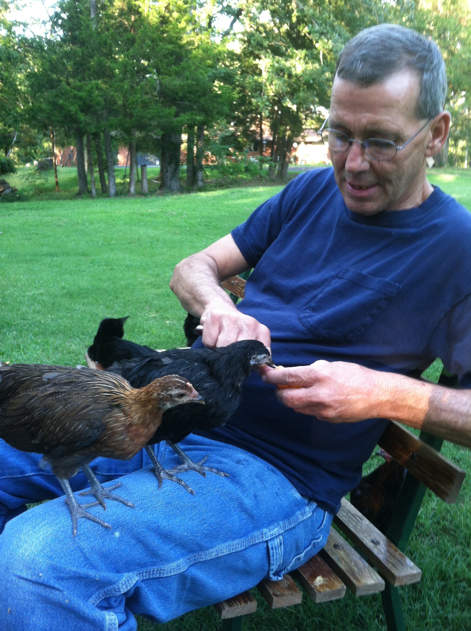 My husband getting sweet talked by Agnes and Fannie for a treat!